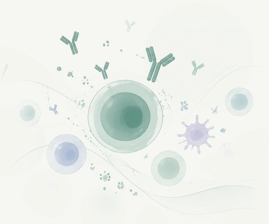 Minimalist infographic of B cells, antibodies and tissue microenvironment